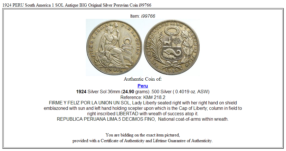 1924 PERU South America 1 SOL Antique BIG Original Silver Peruvian Coin i99766