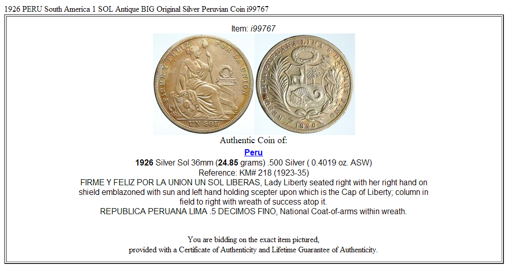 1926 PERU South America 1 SOL Antique BIG Original Silver Peruvian Coin i99767