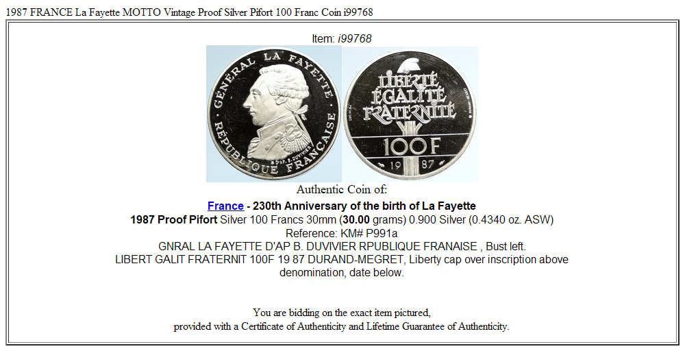 1987 FRANCE La Fayette MOTTO Vintage Proof Silver Piéfort 100 Franc Coin i99768