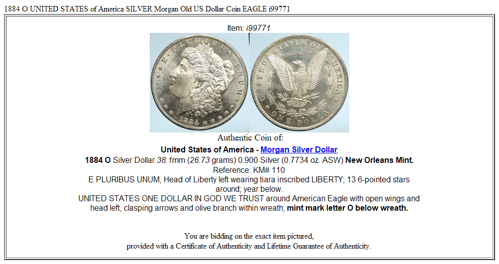 1884 O UNITED STATES of America SILVER Morgan Old US Dollar Coin EAGLE i99771