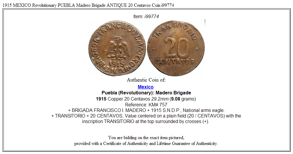 1915 MEXICO Revolutionary PUEBLA Madero Brigade ANTIQUE 20 Centavos Coin i99774