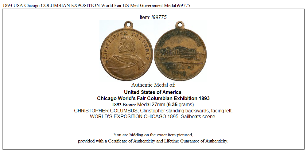 1893 USA Chicago COLUMBIAN EXPOSITION World Fair US Mint Government Medal i99775