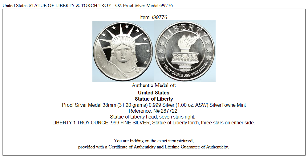 United States STATUE OF LIBERTY & TORCH TROY 1OZ Proof Silver Medal i99776