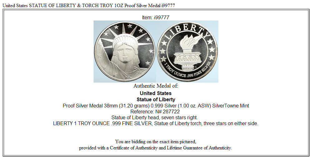 United States STATUE OF LIBERTY & TORCH TROY 1OZ Proof Silver Medal i99777