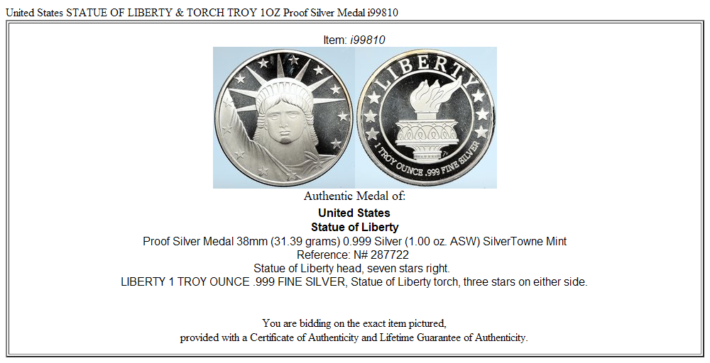 United States STATUE OF LIBERTY & TORCH TROY 1OZ Proof Silver Medal i99810