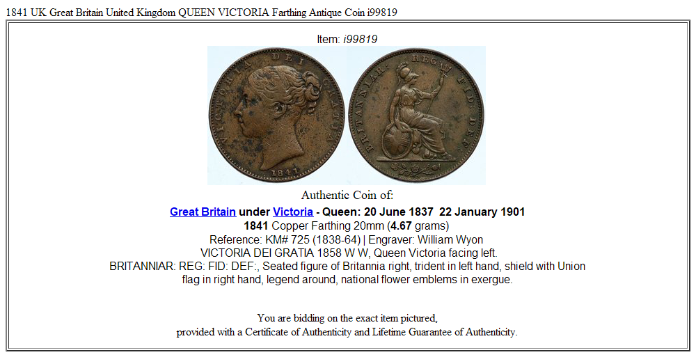 1841 UK Great Britain United Kingdom QUEEN VICTORIA Farthing Antique Coin i99819