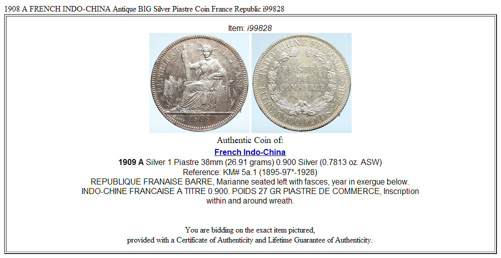 1908 A FRENCH INDO-CHINA Antique BIG Silver Piastre Coin France Republic i99828