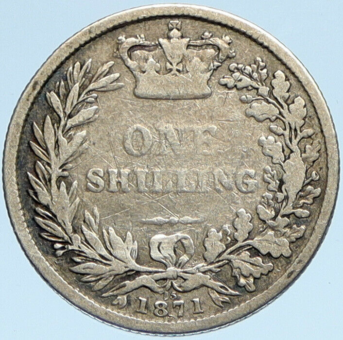 1871 UK Great Britain United Kingdom QUEEN VICTORIA Shilling Silver Coin i98191