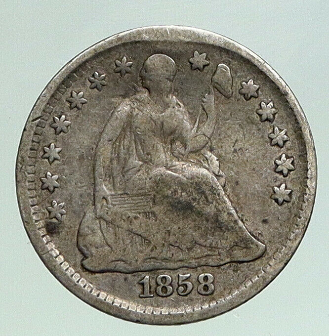 1858 P UNITED STATES US Silver SEATED LIBERTY Old Silver Half Dime Coin i91918