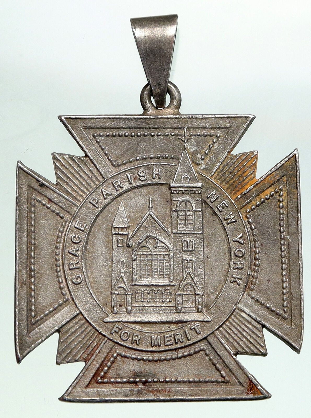 1890 USA US GRACE CHURCH School Merit Award ANTIQUE Silver Pendant Medal i91923