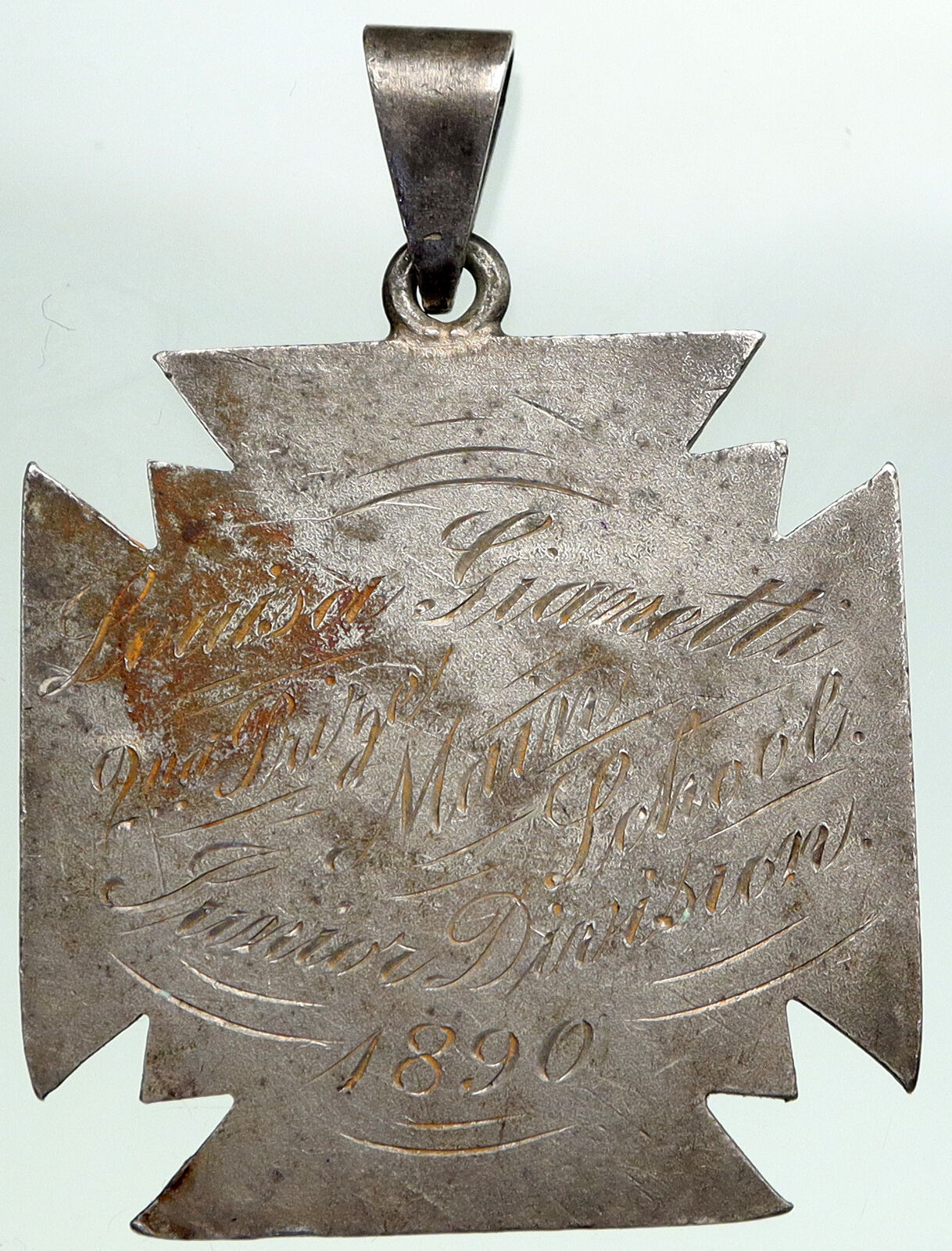 1890 USA US GRACE CHURCH School Merit Award ANTIQUE Silver Pendant Medal i91923