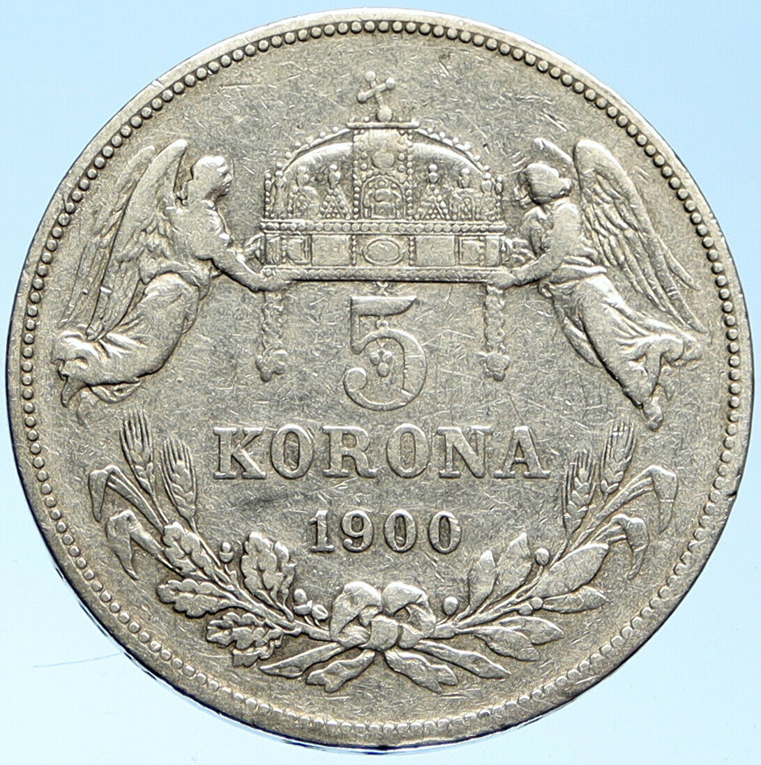 1900 HUNGARY w King Franz Joseph I Hungarian Antique Silver 5 Korona Coin i99173