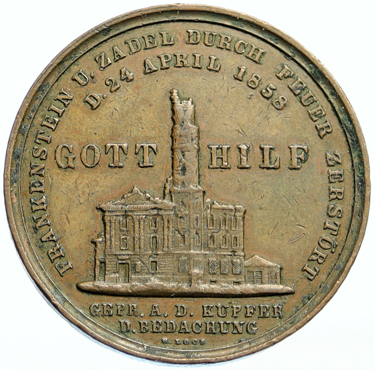 1858 GERMANY Vintage FRANKENSTEIN CASTLE Ruin OLD Antique GOTT HILF Medal i99486