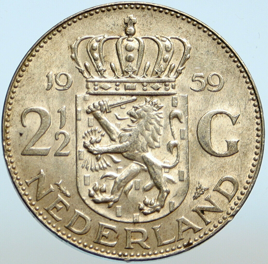 1960 Netherlands Kingdom Queen JULIANA 2 1/2 Gulden Authentic Silver Coin i99491