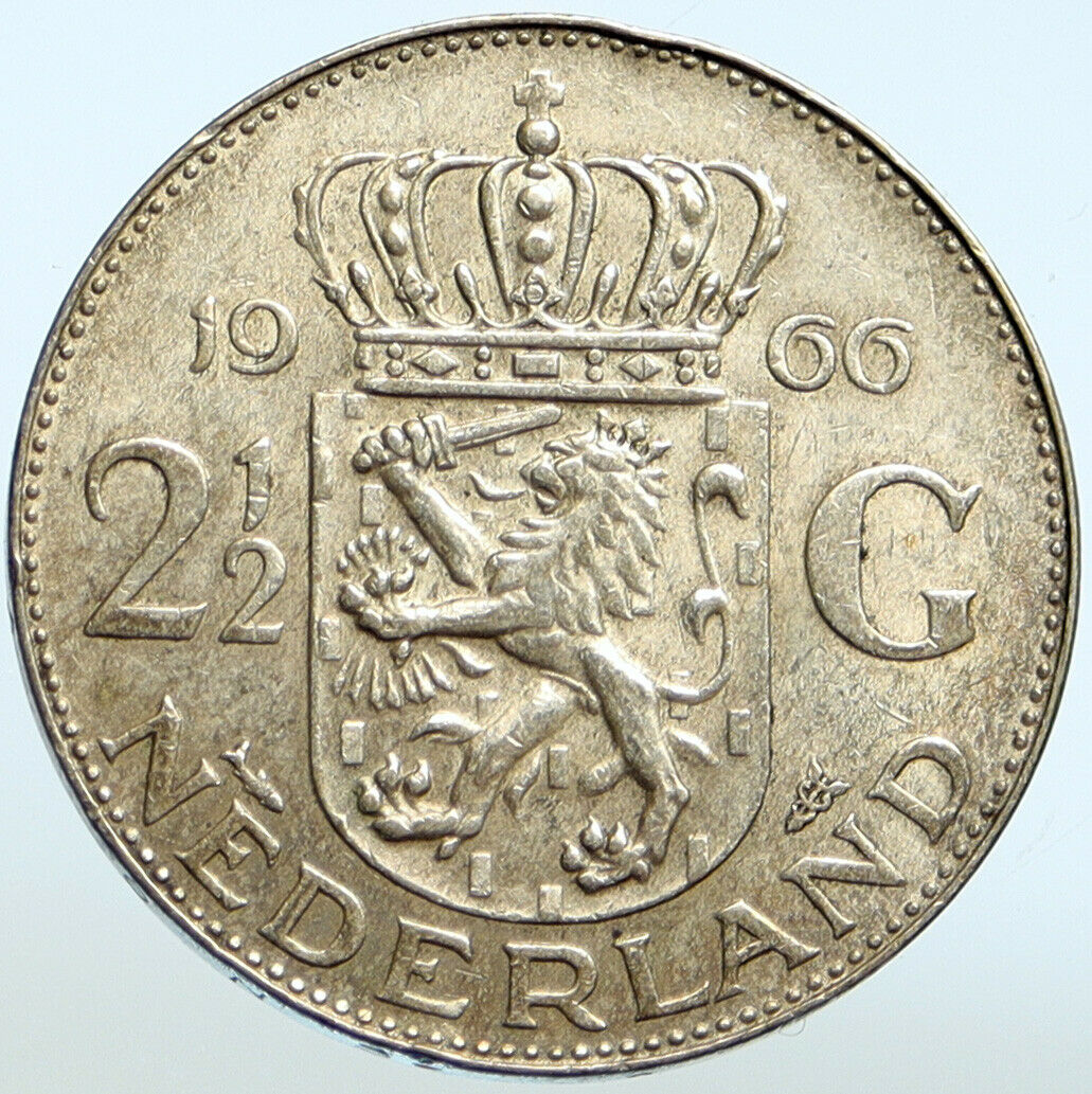 1960 Netherlands Kingdom Queen JULIANA 2 1/2 Gulden Authentic Silver Coin i99490