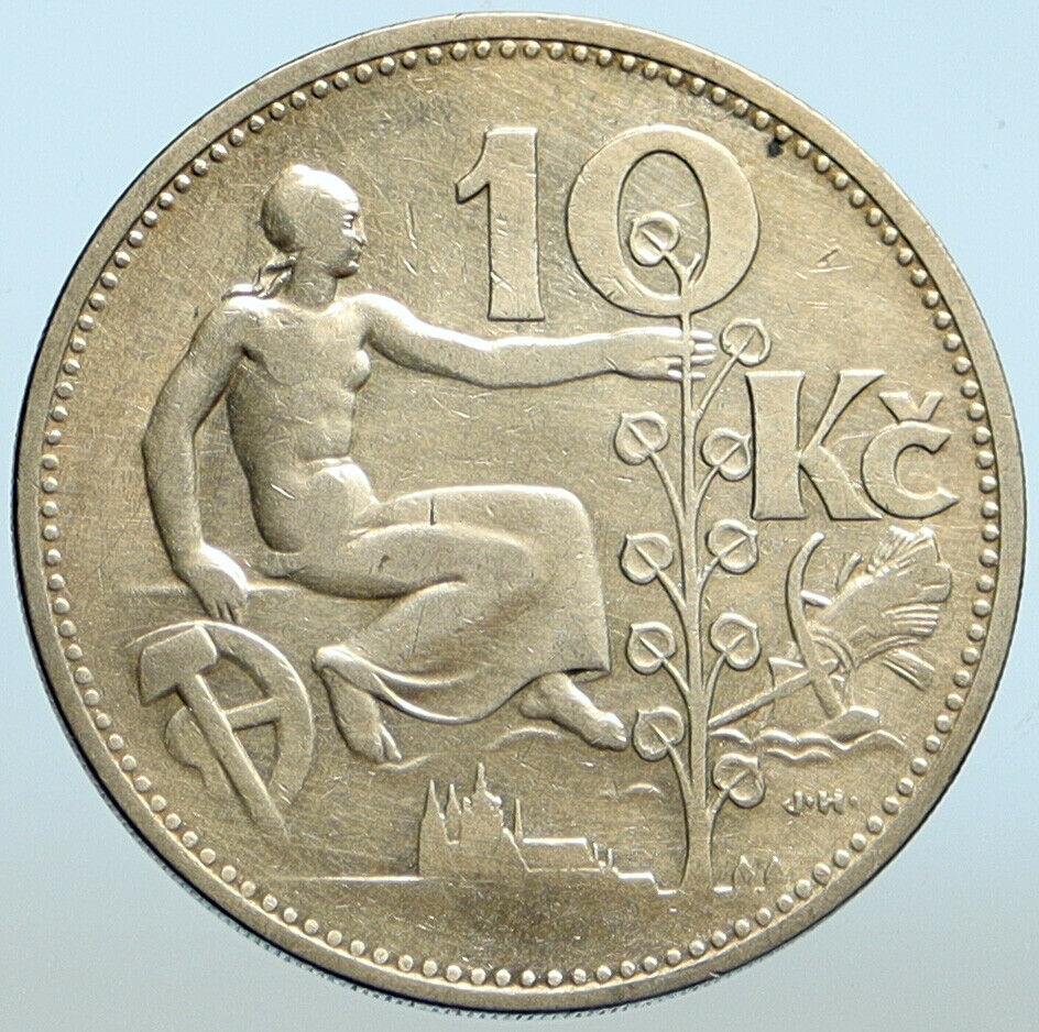 1931 CZECH REPUBLIC Woman & Lime TREE Old VINTAGE Silver 10 Korun Coin i99498