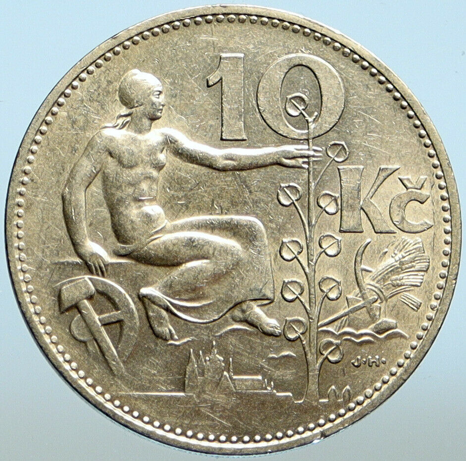 1930 CZECH REPUBLIC Woman & Lime TREE Old VINTAGE Silver 10 Korun Coin i99497