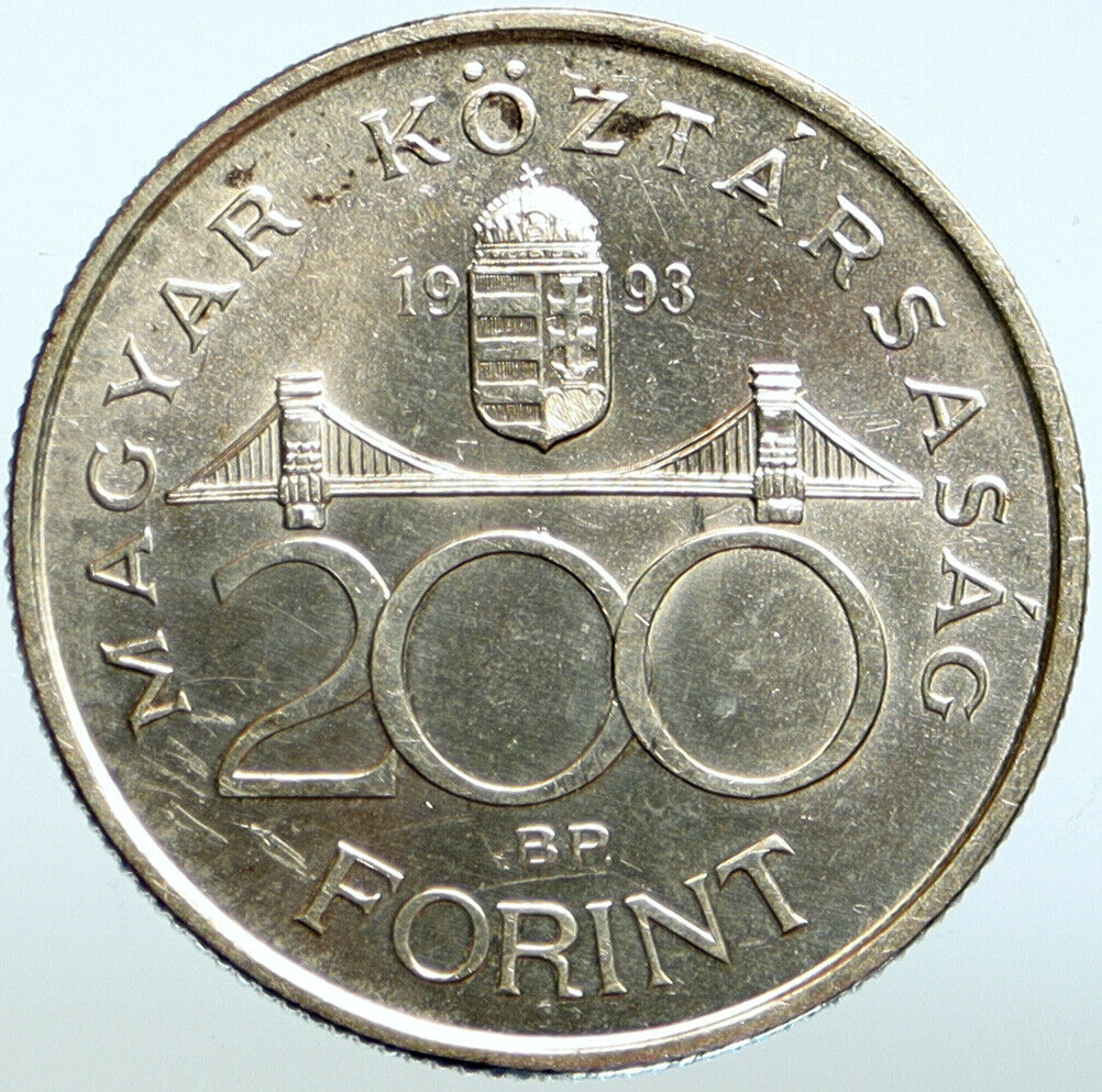 1993 HUNGARY National Bank OLD Ersebet Bridge Silver 200 Forint Coin i99495