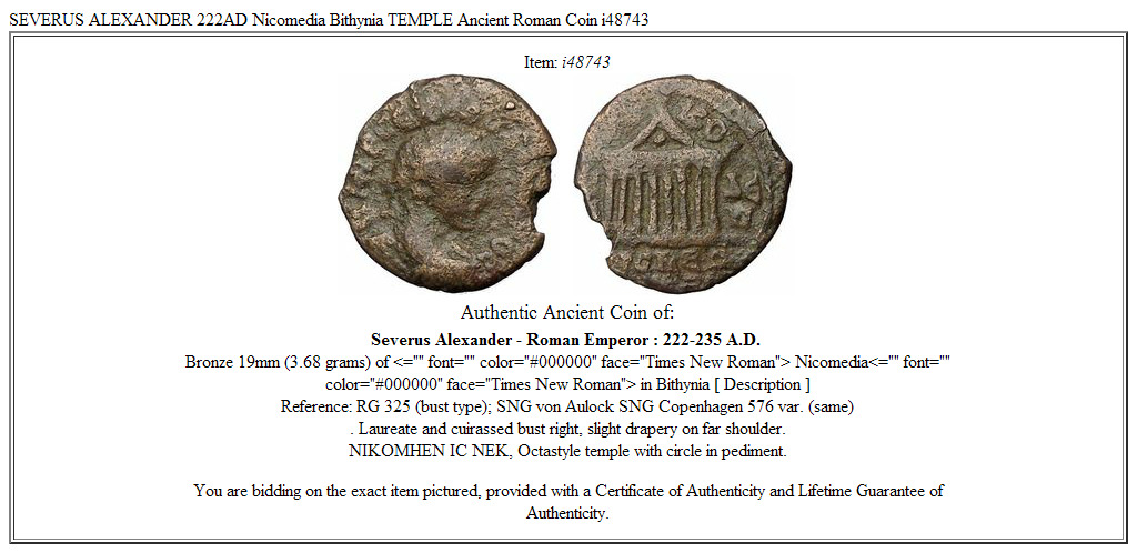 SEVERUS ALEXANDER 222AD Nicomedia Bithynia TEMPLE Ancient Roman Coin i48743