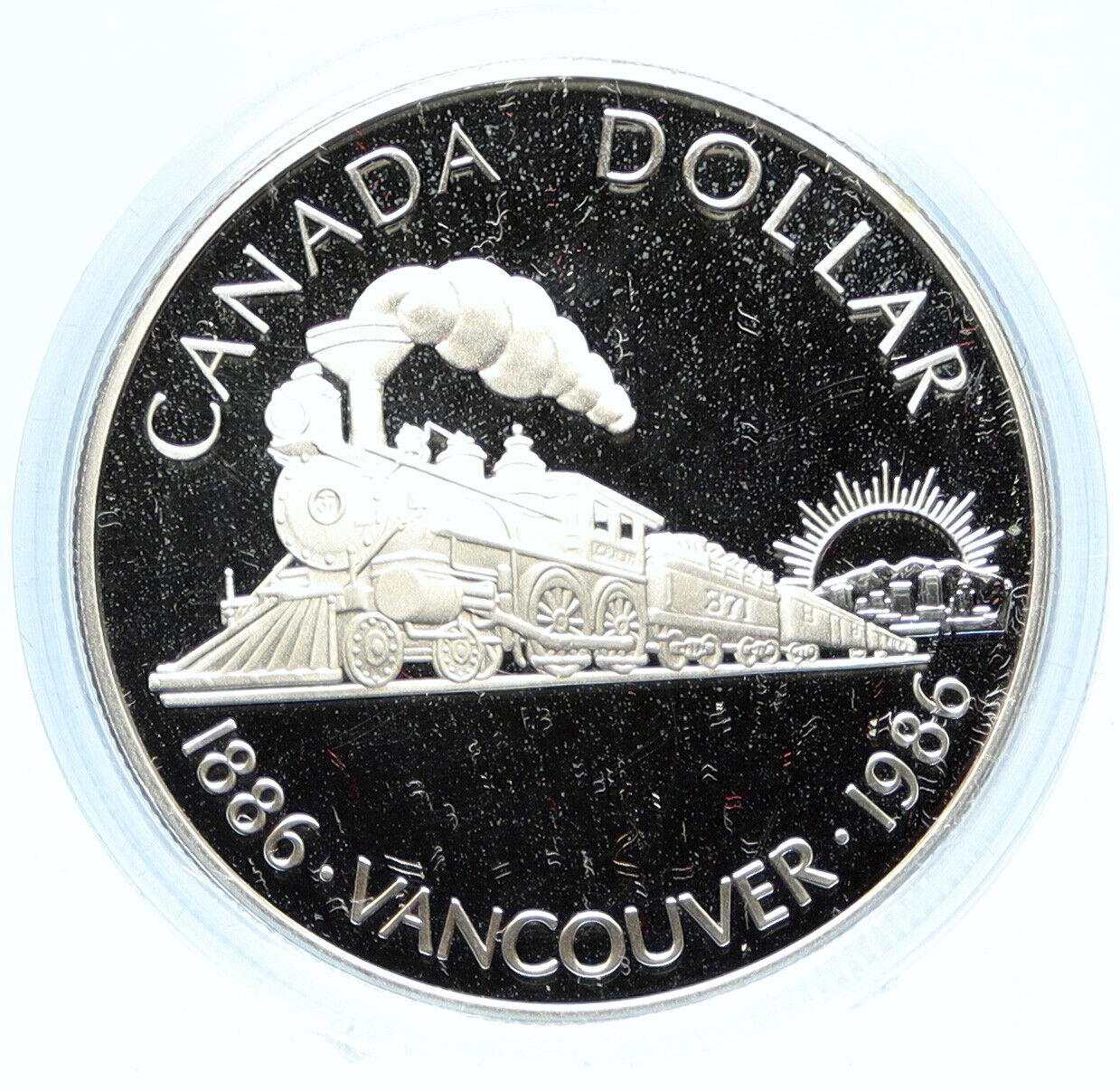 1986 CANADA Vancouver with UK Queen Elizabeth II Train Proof Silver Coin i98723