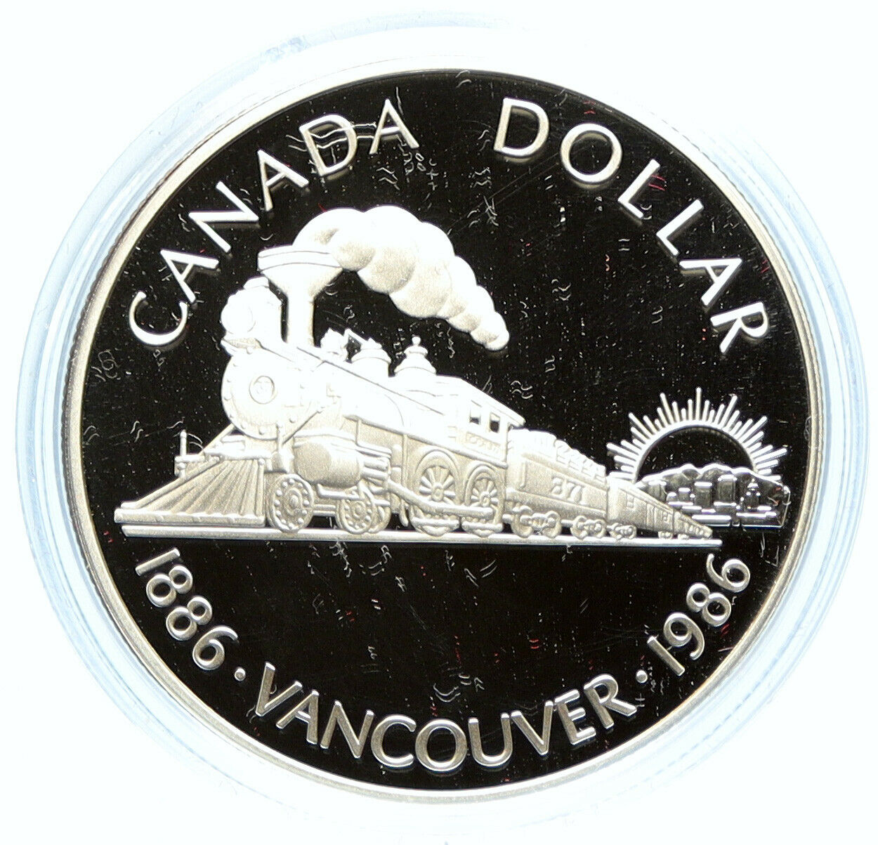 1986 CANADA Vancouver with UK Queen Elizabeth II Train Proof Silver Coin i98733