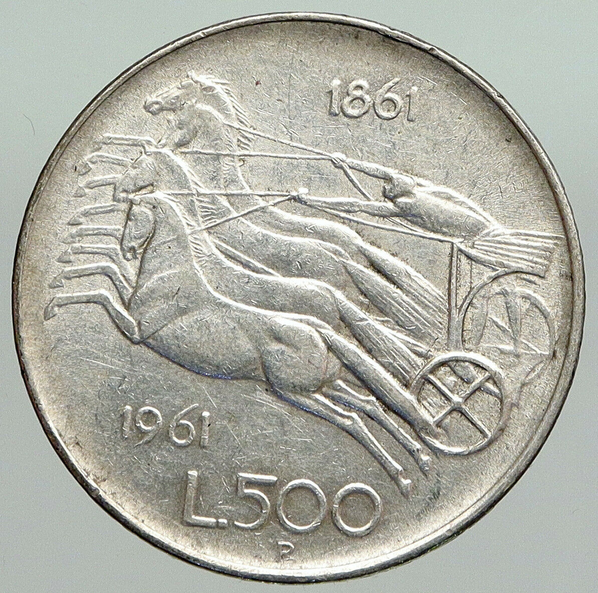 1961 ITALY Silver 500 Lire Coin ITALIAN UNIFICATION Rome Capital CHARIOT i91955