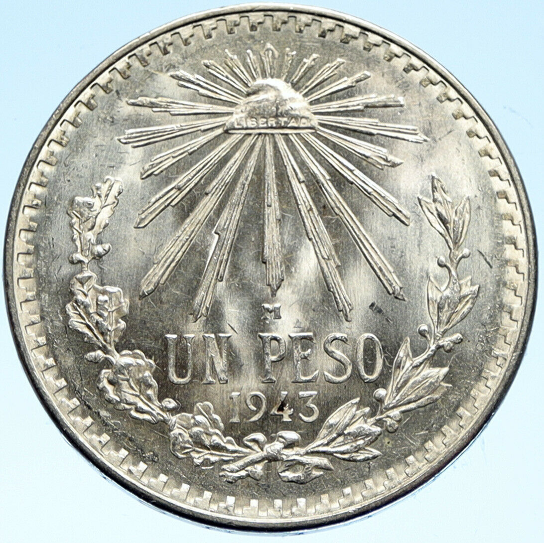 1943 M MEXICO Large Eagle Liberty Cap Mexican Antique Silver 1 Peso Coin i99405