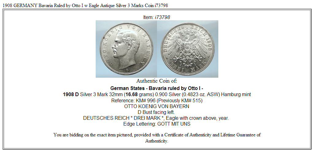 1908 GERMANY Bavaria Ruled by Otto I w Eagle Antique Silver 3 Marks Coin i73798