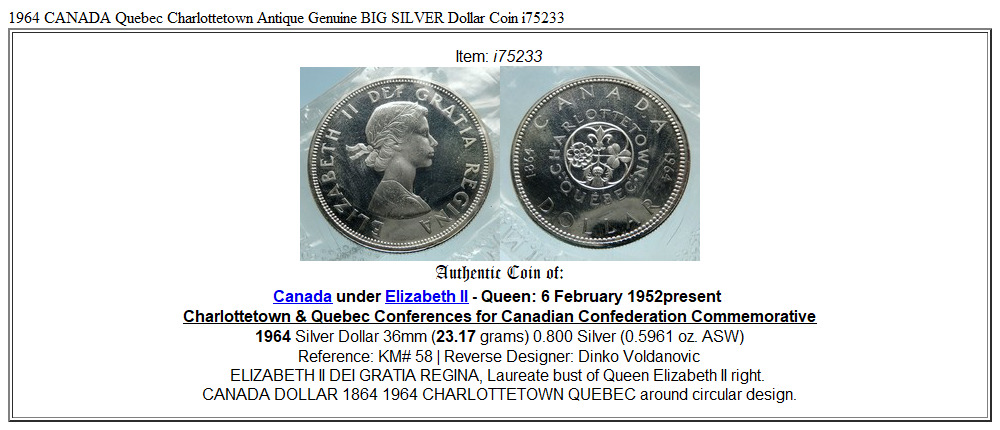 1964 CANADA Quebec Charlottetown Antique Genuine BIG SILVER Dollar Coin i75233