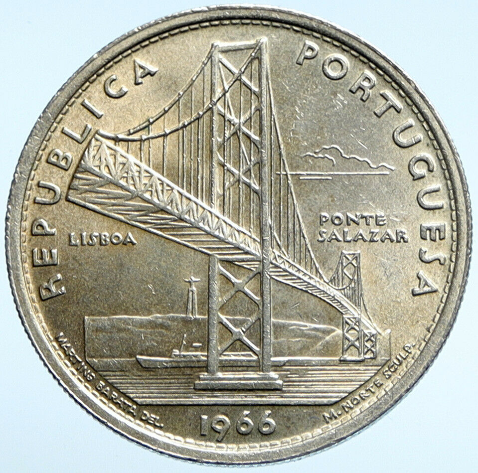 1966 PORTUGAL Opening of SALAZAR BRIDGE Antique BU Silver 20 Escudos Coin i99413