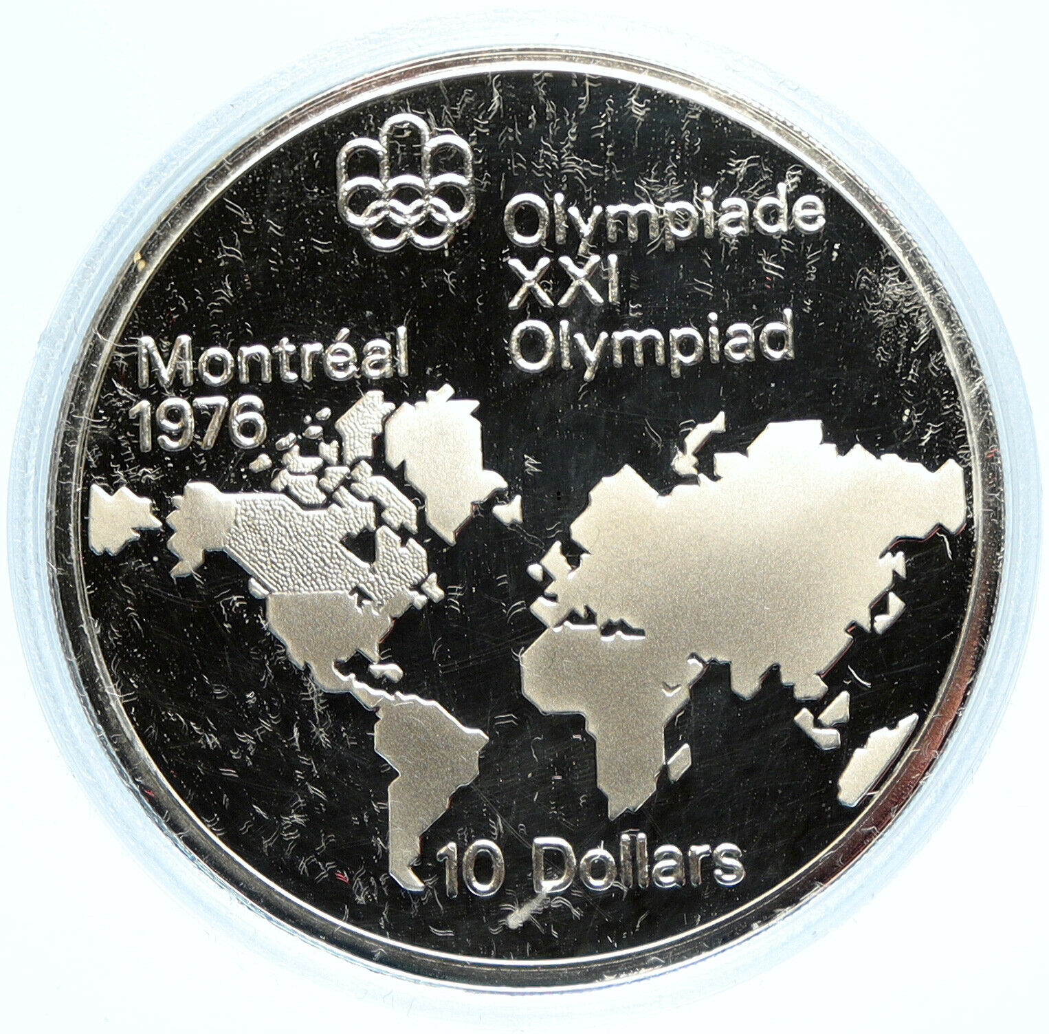 1973 CANADA Elizabeth II Olympics Montreal World Map PROOF Silver 10 Coin i98624