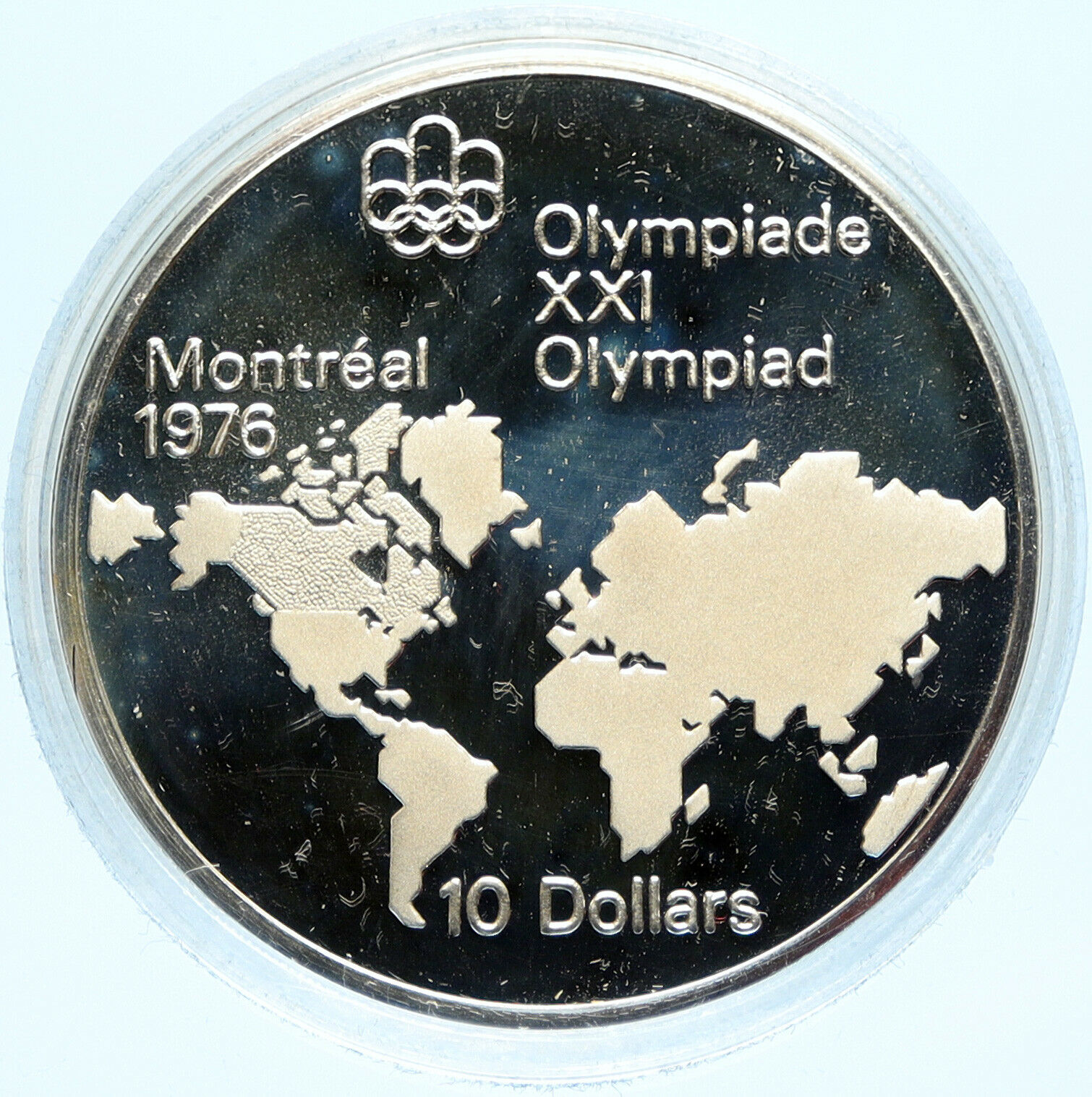 1973 CANADA Elizabeth II Olympics Montreal World Map PROOF Silver 10 Coin i98618