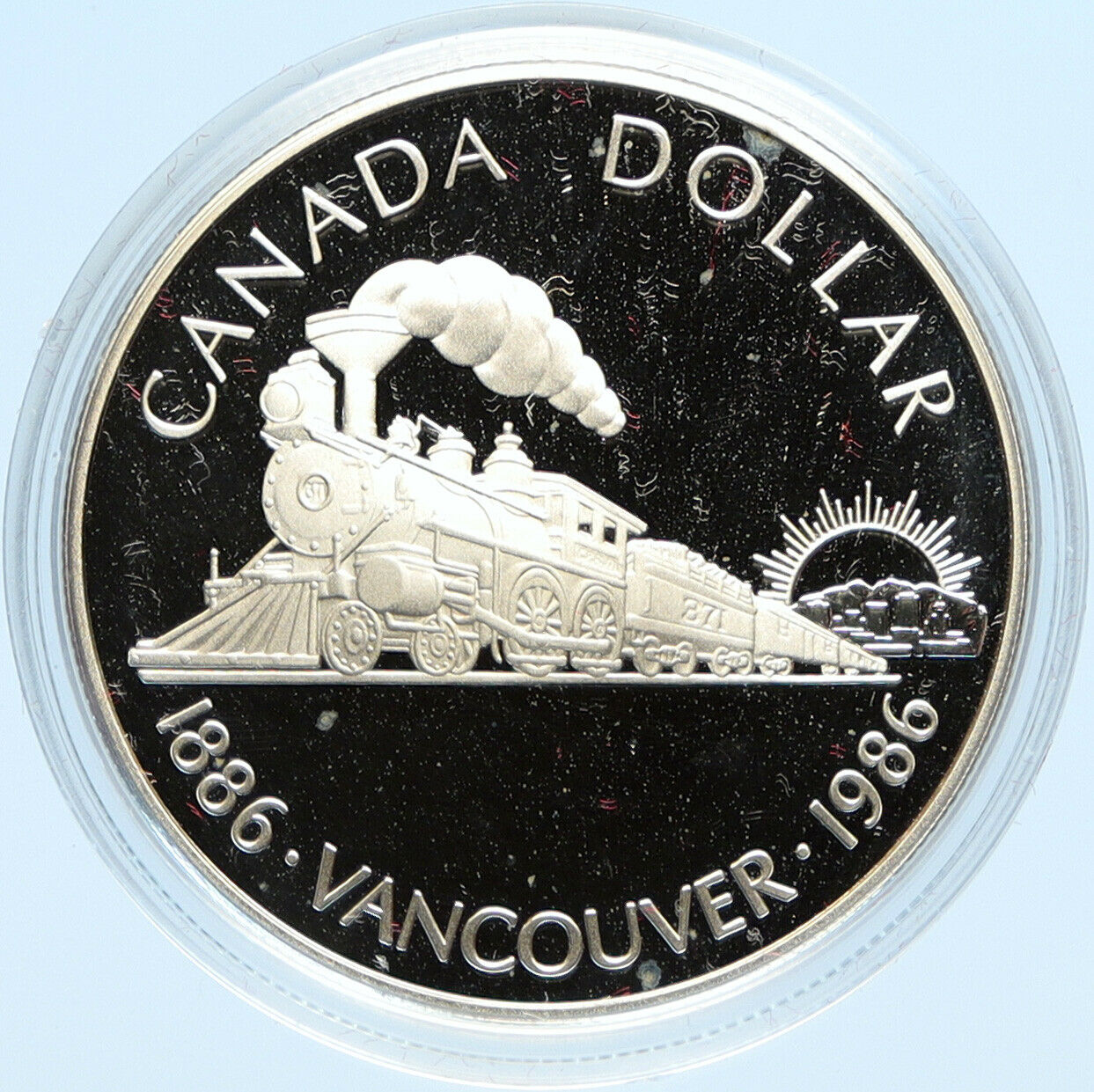 1986 CANADA Vancouver with UK Queen Elizabeth II Train Proof Silver Coin i98649