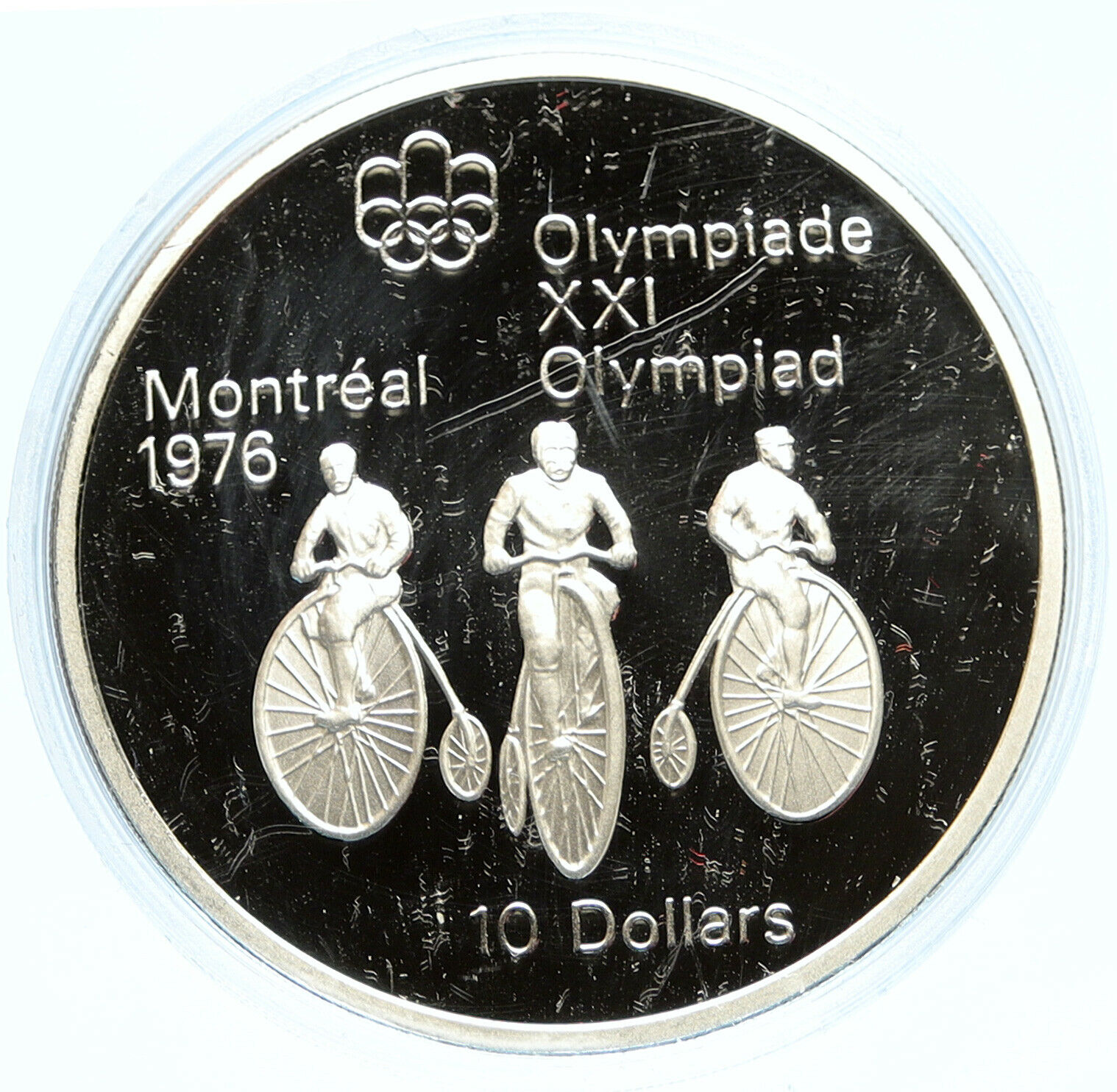 1974 CANADA UK Elizabeth II Olympics Montreal Cycle PROOF Silver 10 Coin i98620