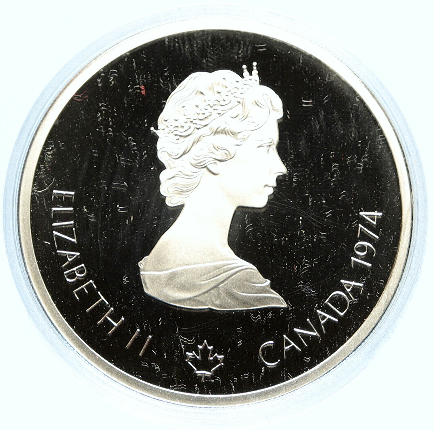 1974 CANADA UK Elizabeth II Olympics Montreal Cycle PROOF Silver 10 Coin i98620