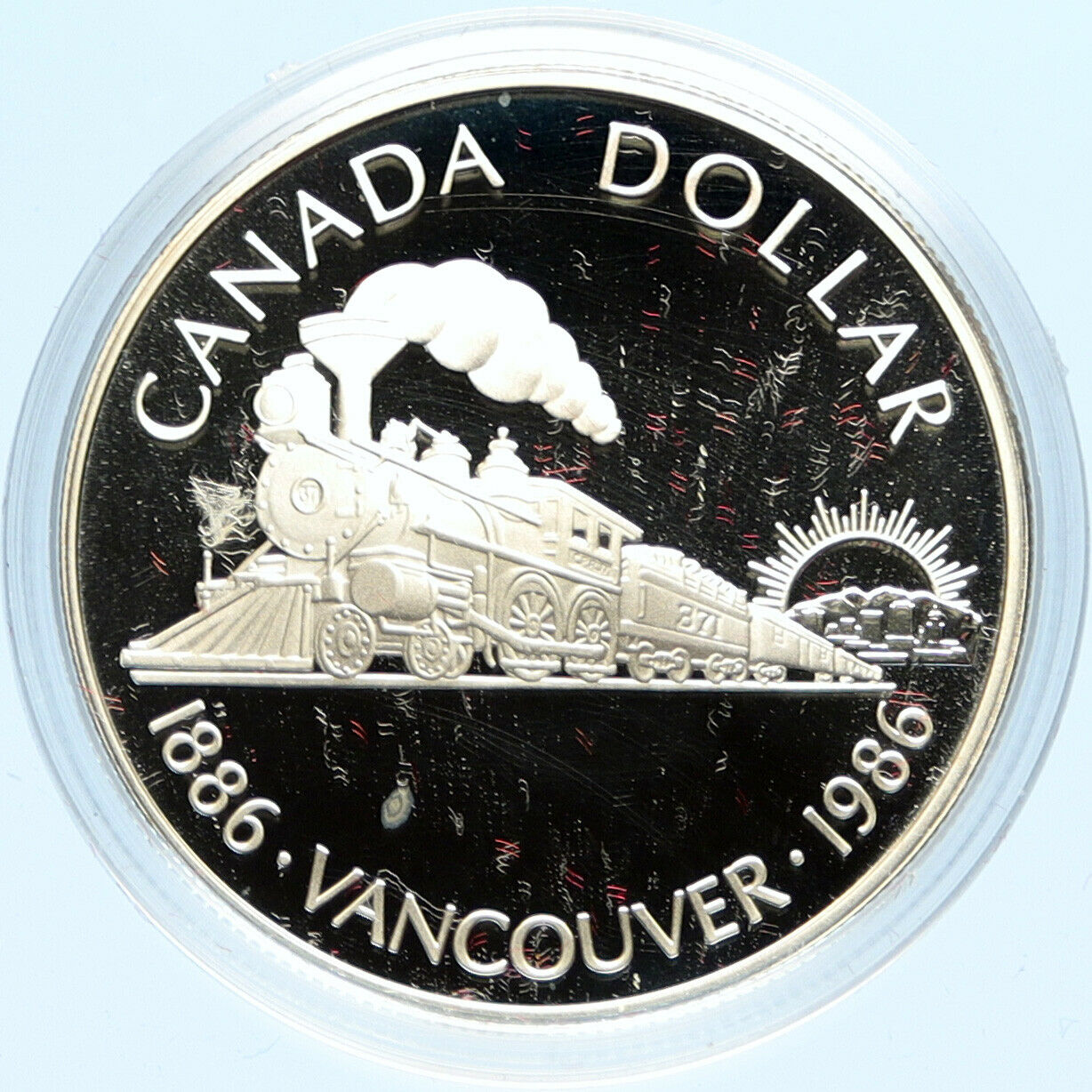 1986 CANADA Vancouver with UK Queen Elizabeth II Train Proof Silver Coin i98645