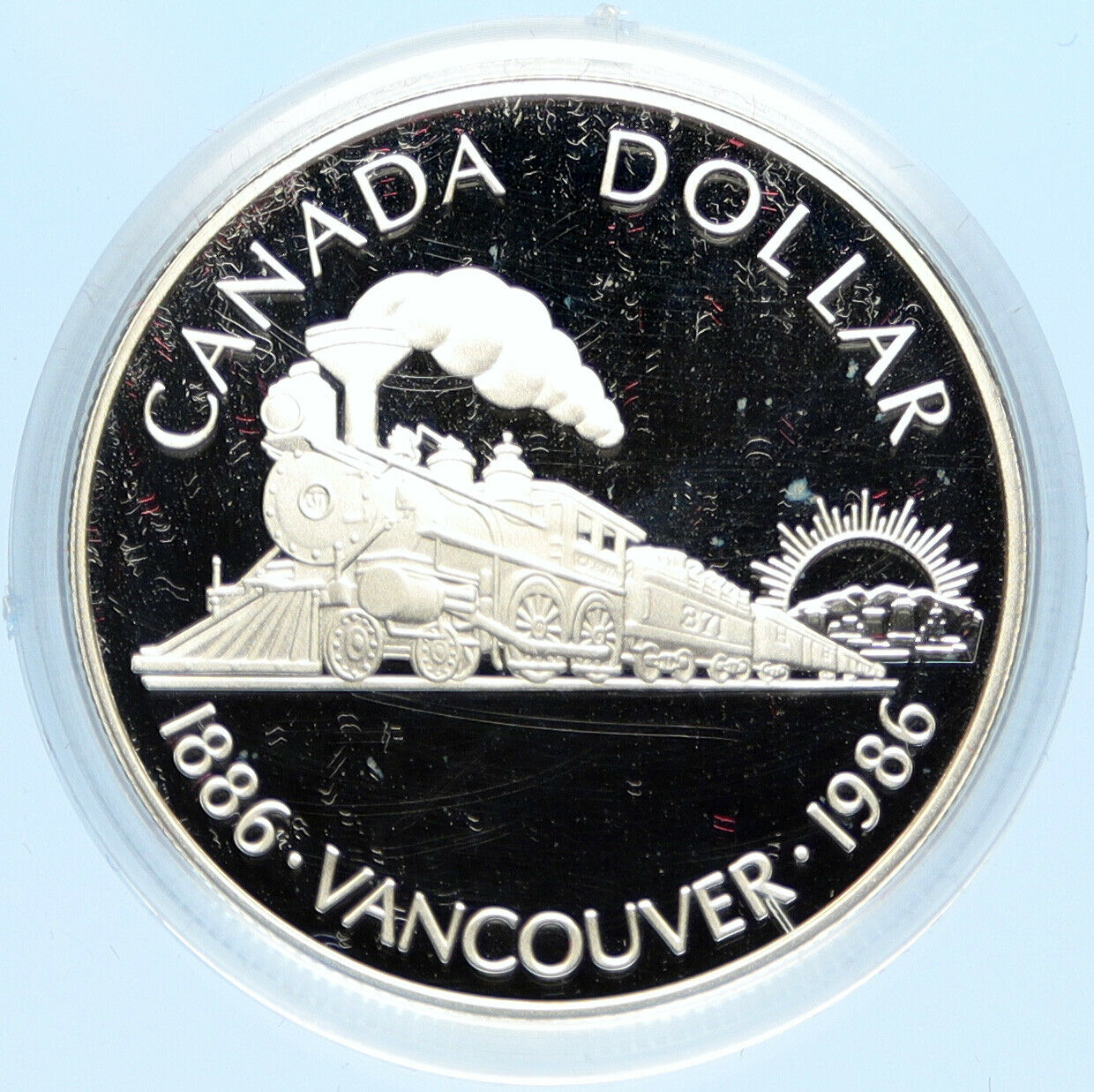 1986 CANADA Vancouver with UK Queen Elizabeth II Train Proof Silver Coin i98647