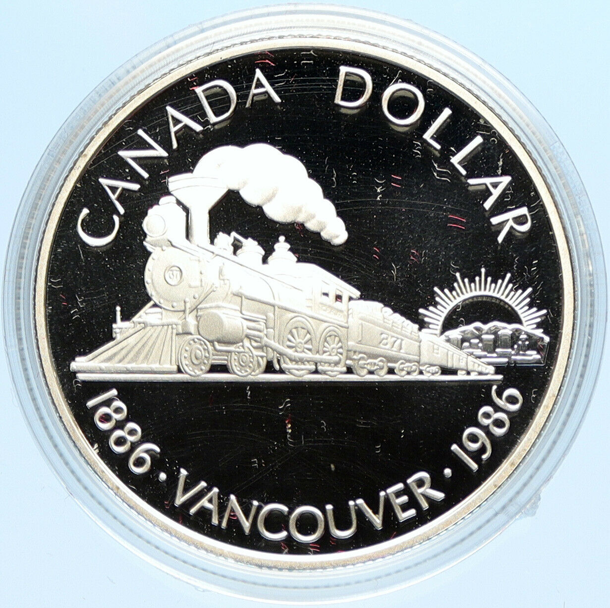 1986 CANADA Vancouver with UK Queen Elizabeth II Train Proof Silver Coin i98648