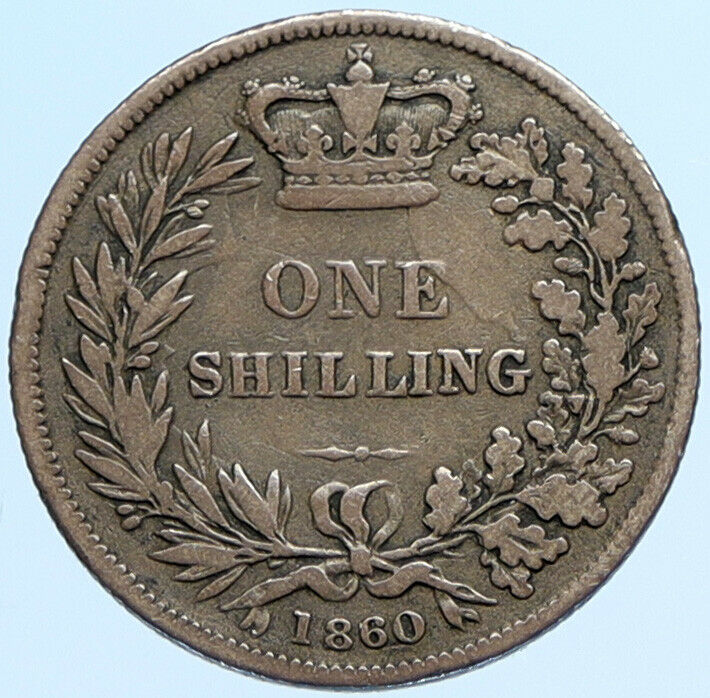 1860 UK Great Britain United Kingdom QUEEN VICTORIA Shilling Silver Coin i98129