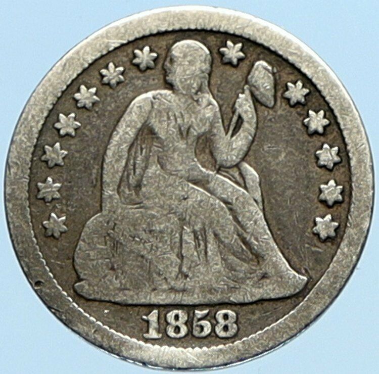 1858 P UNITED STATES US Silver SEATED LIBERTY Vintage Antique Dime Coin i98133