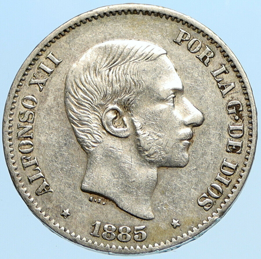 1885 PHILIPPINES under SPAIN King ALFONSO XII Silver 50 Centimos Coin i98135