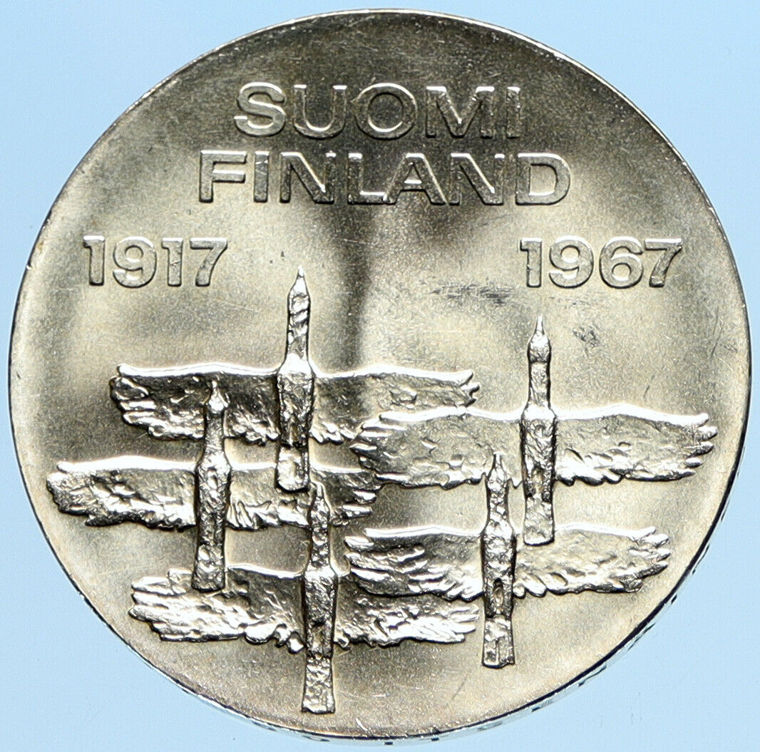 1967 FINLAND Geese Flying 50Y Independence VINTAGE Silver 10 Markkaa Coin i98004