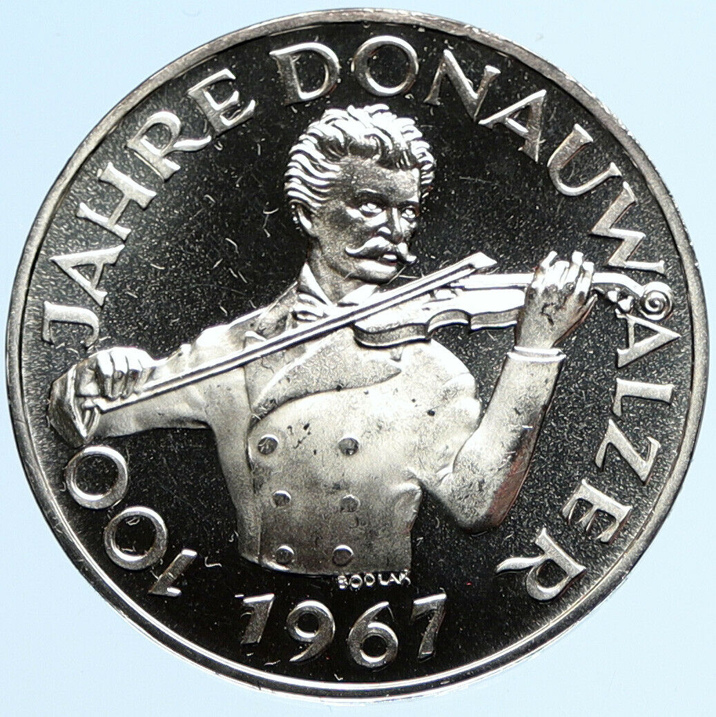 1967 AUSTRIA Blue Danube Waltz Violin VINTAGE PRF Silver 50 Shilling Coin i97885