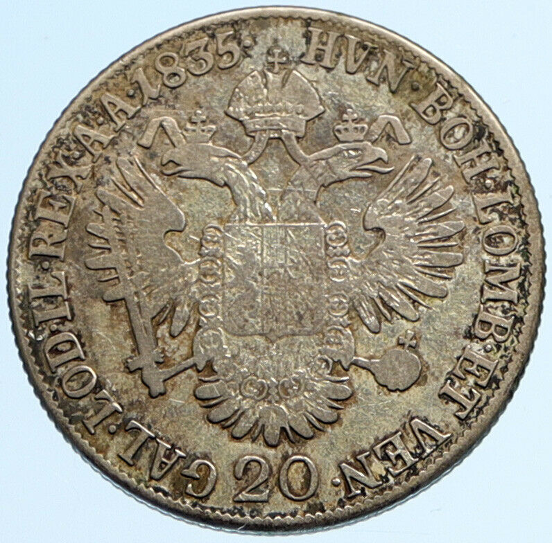 1835 B AUSTRIA Emperor Franz II Hapsburg ANTIQUE Silver 20 Kreuzer Coin i97880