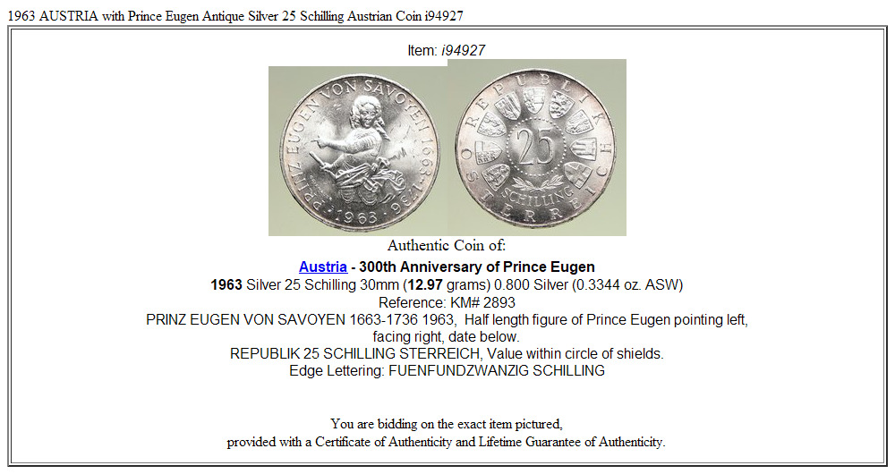 1963 AUSTRIA with Prince Eugen Antique Silver 25 Schilling Austrian Coin i94927