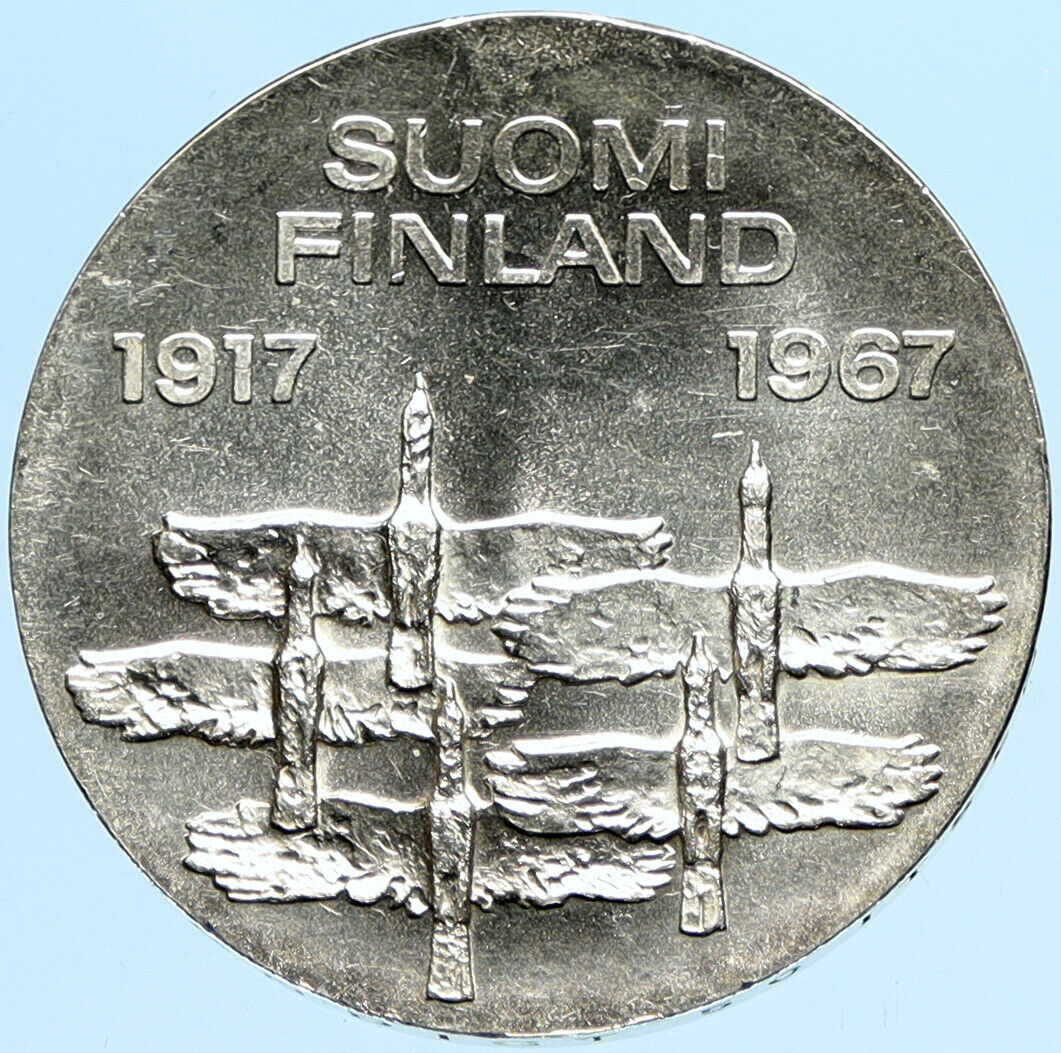 1967 FINLAND Geese Flying 50Y Independence VINTAGE Silver 10 Markkaa Coin i98006