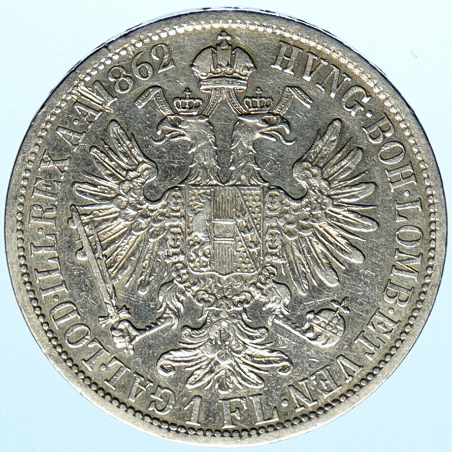 1862 AUSTRIA King FRANZ JOSEPH I Vintage Antique OLD Silver Florin Coin i99110