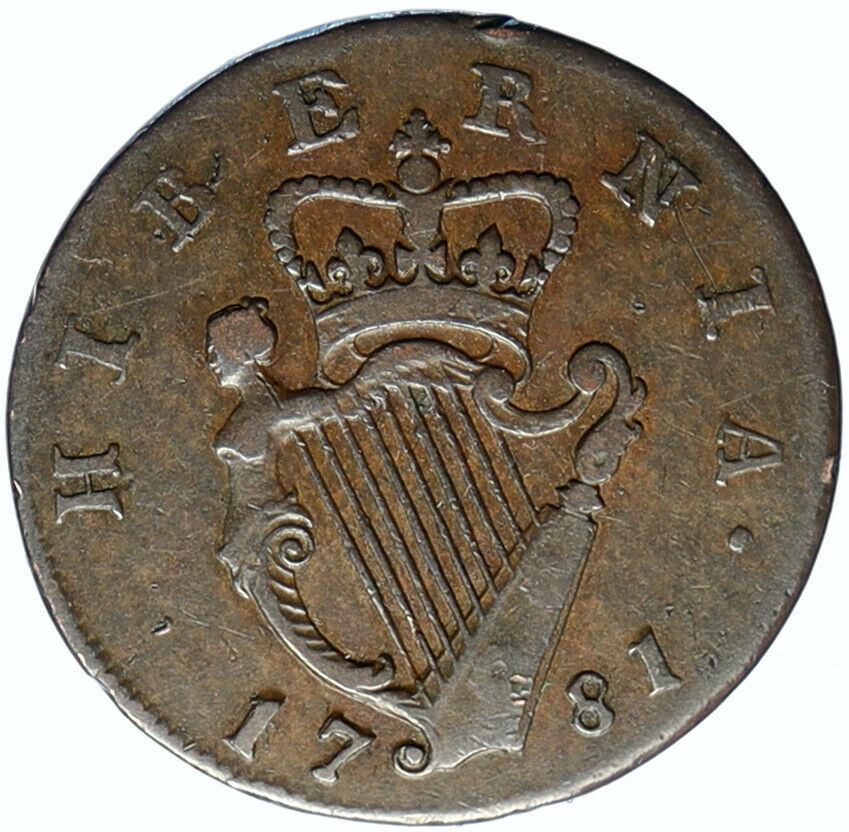 1781 IRELAND UK King George III Antique Lyre VINTAGE OLD 1/2 Penny Coin i99754