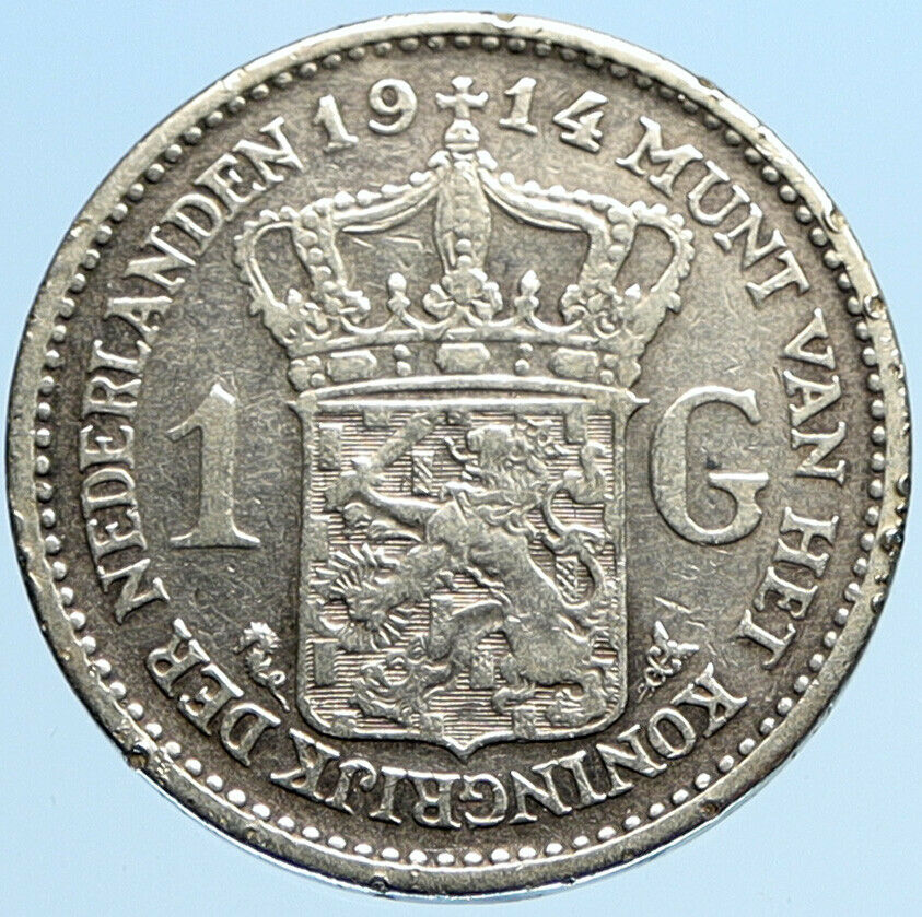 1914 NETHERLANDS Kingdom w Queen WILHELMINA VINTAGE Silver 1 Gulden Coin i97875