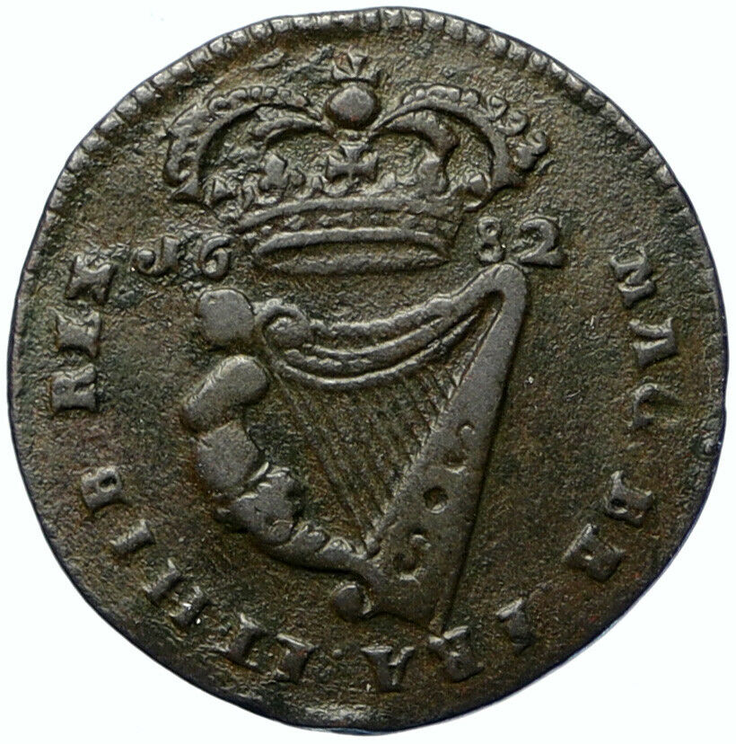 1682 IRELAND UK King Charles II Antique Lyre VINTAGE OLD 1/2 Penny Coin i99759